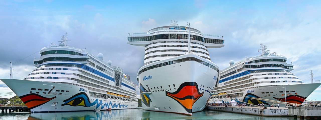 On February 27, 2023, not one but three AIDA cruise ships moored in the port of St Johns on the Caribbean island of Antigua (Image at LateCruiseNews.com - March 2023)